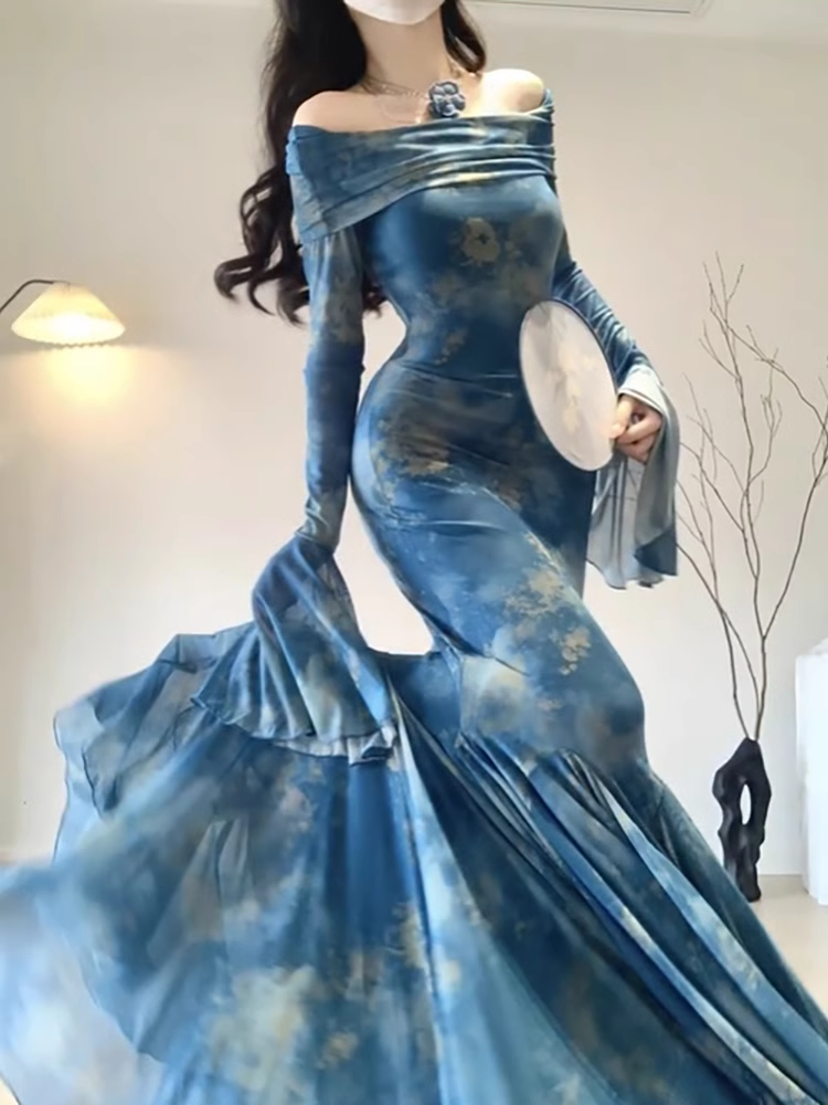 Retro Mermaid Off The Shoulder Floral Blue Long Sleeves Prom Dress Birthday Outfits