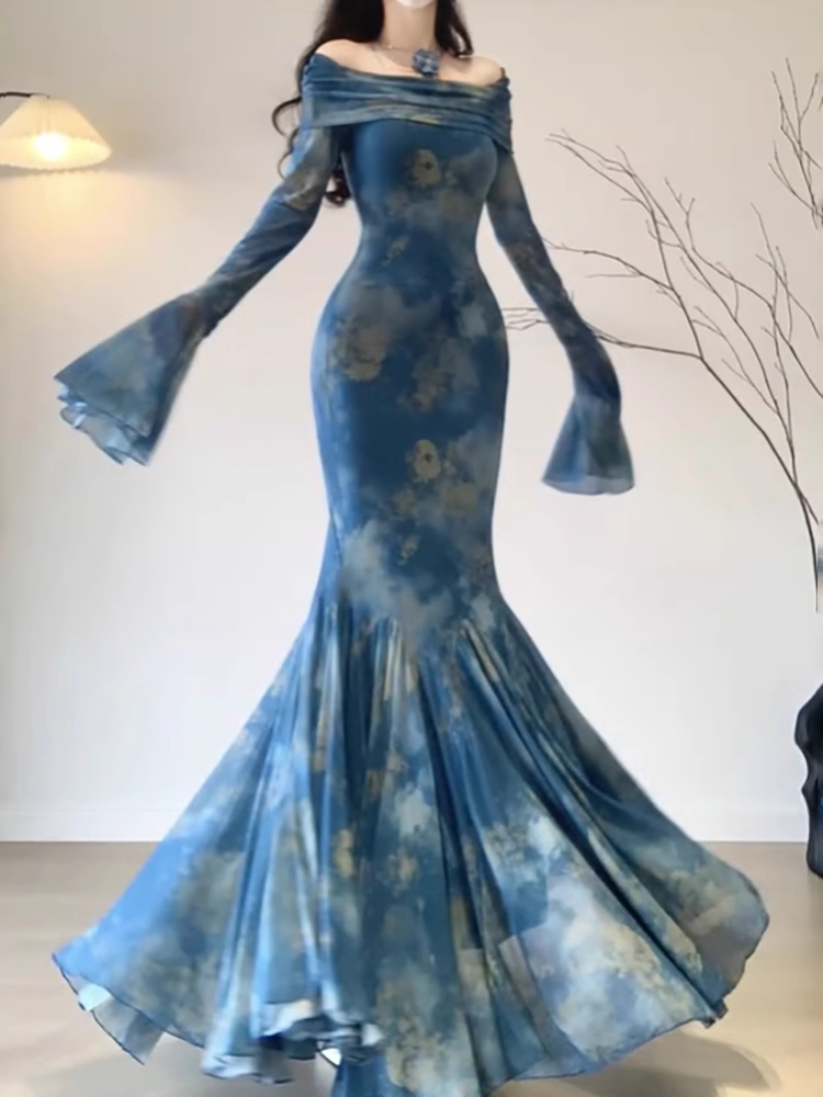 Retro Mermaid Off The Shoulder Floral Blue Long Sleeves Prom Dress Birthday Outfits