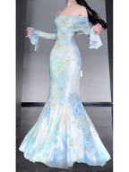 Retro Mermaid Off The Shoulder Floral Long Sleeves Prom Dress Birthday Outfits