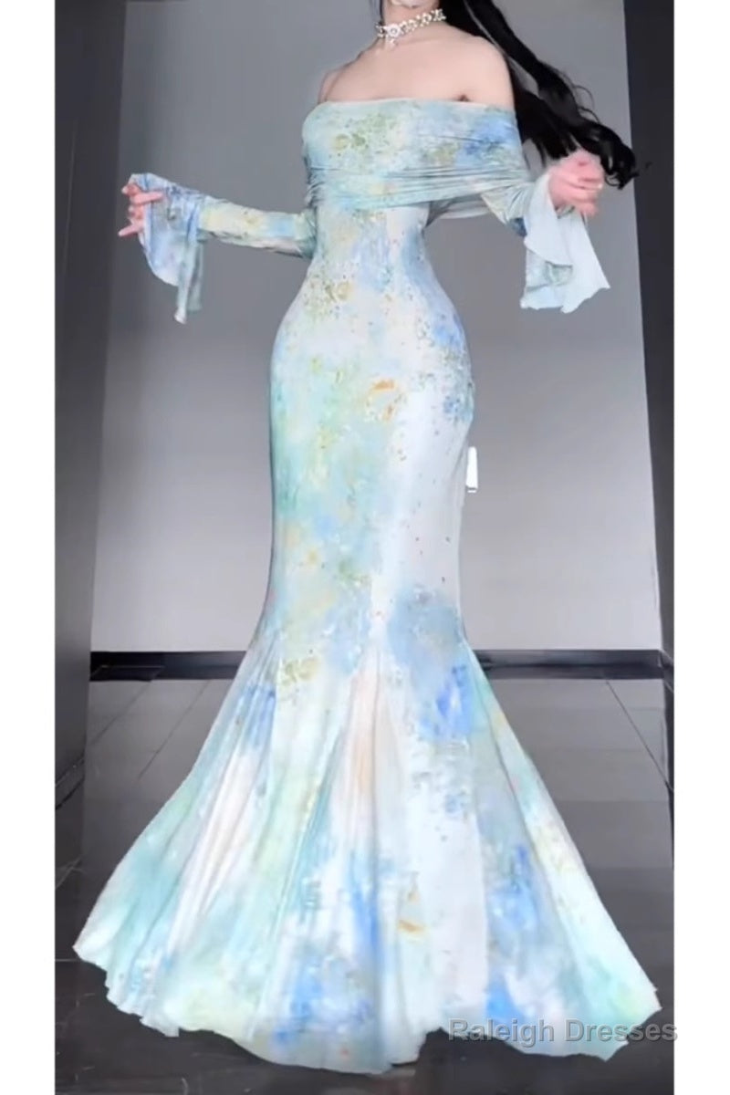 Retro Mermaid Off The Shoulder Floral Long Sleeves Prom Dress Birthday Outfits Secondary image