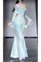 Retro Mermaid Off The Shoulder Floral Long Sleeves Party Dresses Birthday Outfits