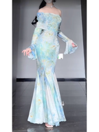 Retro Mermaid Off The Shoulder Floral Long Sleeves Prom Dress Birthday Outfits