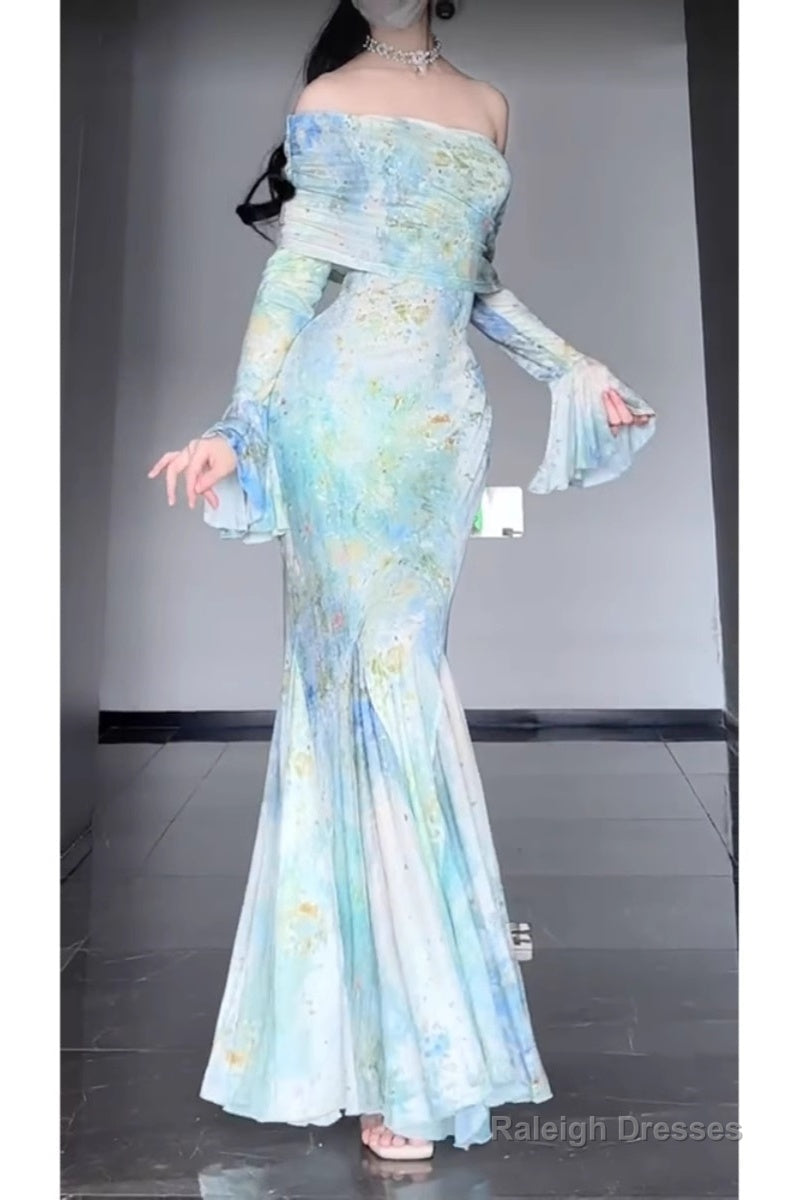 Retro Mermaid Off The Shoulder Floral Long Sleeves Prom Dress Birthday Outfits