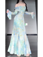 Retro Mermaid Off The Shoulder Floral Long Sleeves Prom Dress Birthday Outfits