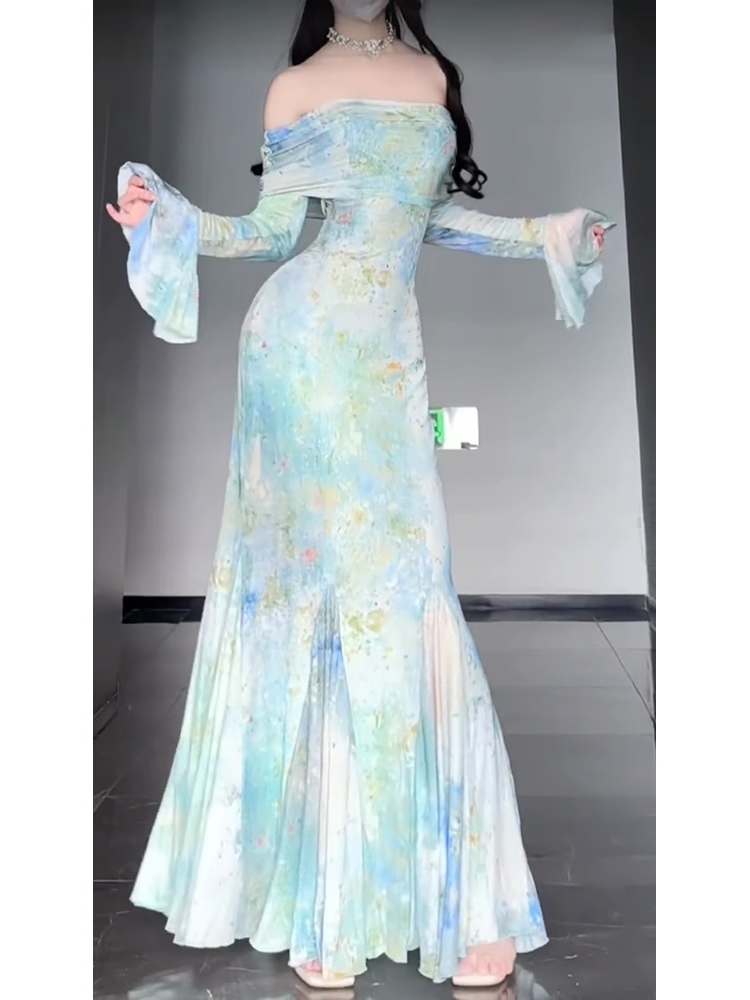 Retro Mermaid Off The Shoulder Floral Long Sleeves Prom Dress Birthday Outfits