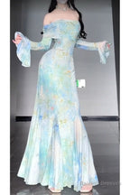 Retro Mermaid Off The Shoulder Floral Long Sleeves Prom Dress Birthday Outfits