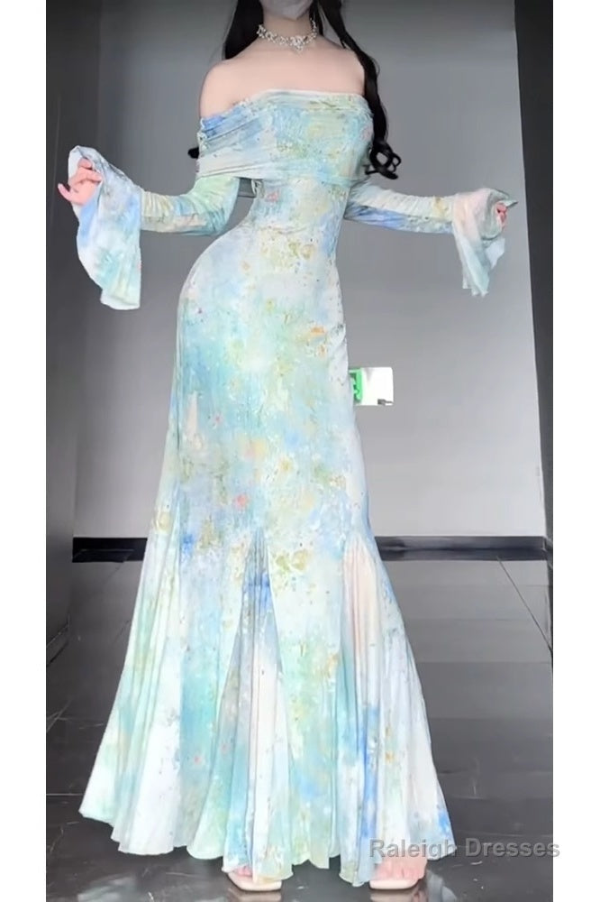 Retro Mermaid Off The Shoulder Floral Long Sleeves Prom Dress Birthday Outfits