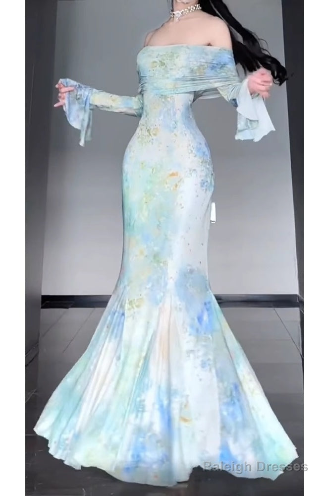 Retro Mermaid Off The Shoulder Floral Long Sleeves Party Dresses Birthday Outfits
