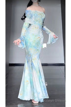 Retro Mermaid Off The Shoulder Floral Long Sleeves Prom Dress Birthday Outfits