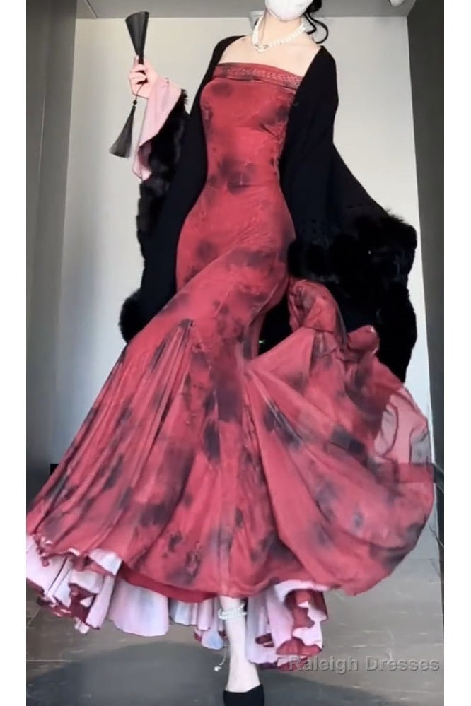 Retro Mermaid Off The Shoulder Floral Red Long Sleeves Party Dresses Birthday Outfits