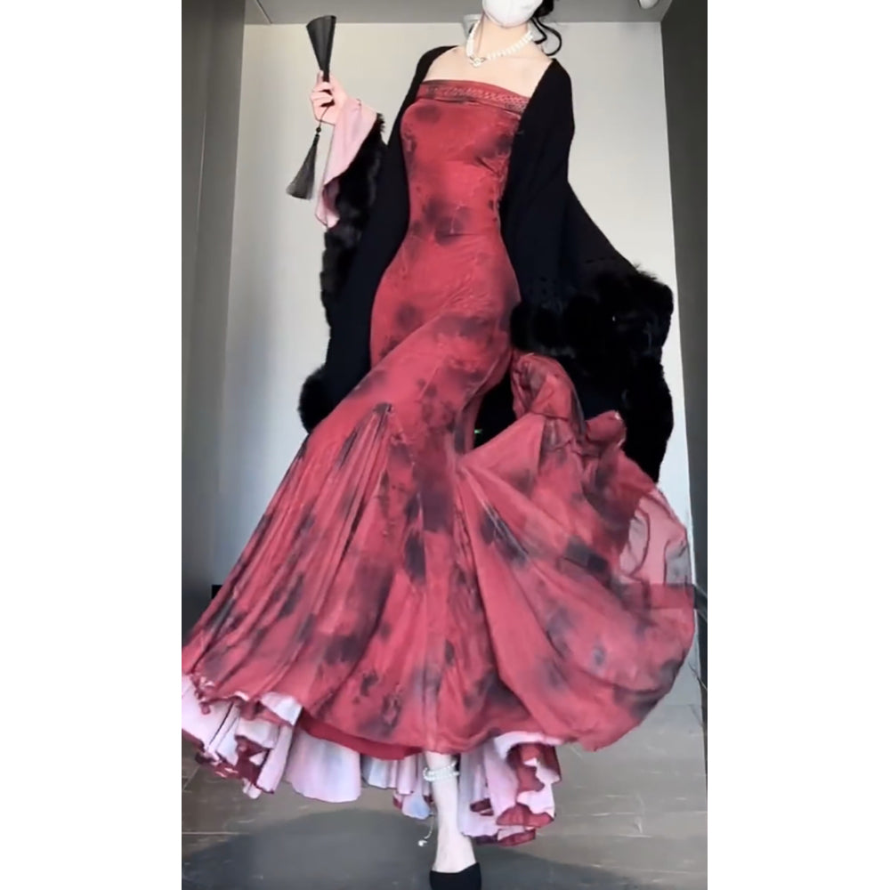 Retro Mermaid Off The Shoulder Floral Red Long Sleeves Prom Dress Birthday Outfits Secondary image