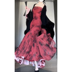 Retro Mermaid Off The Shoulder Floral Red Long Sleeves Prom Dress Birthday Outfits