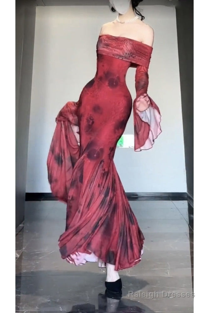 Retro Mermaid Off The Shoulder Floral Red Long Sleeves Party Dresses Birthday Outfits