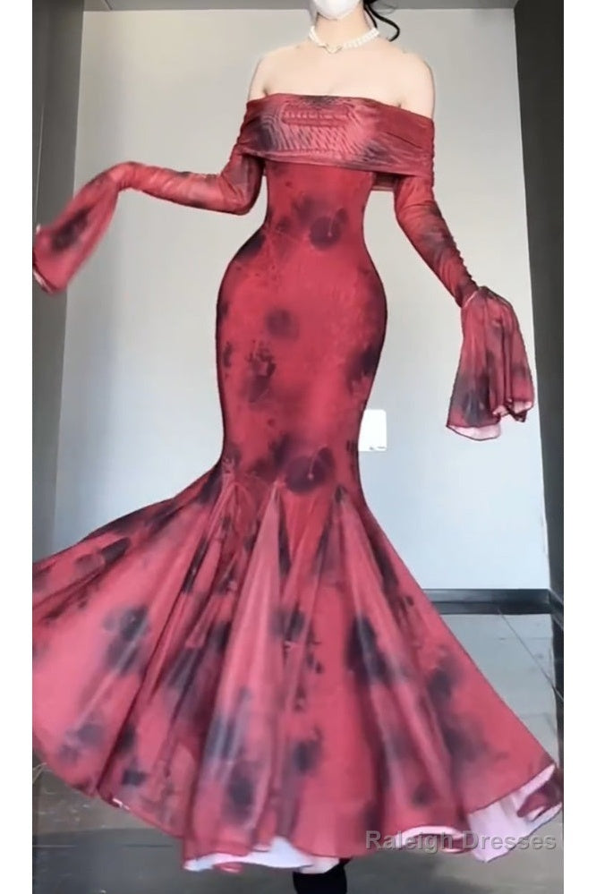 Retro Mermaid Off The Shoulder Floral Red Long Sleeves Prom Dress Birthday Outfits