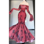 Retro Mermaid Off The Shoulder Floral Red Long Sleeves Prom Dress Birthday Outfits