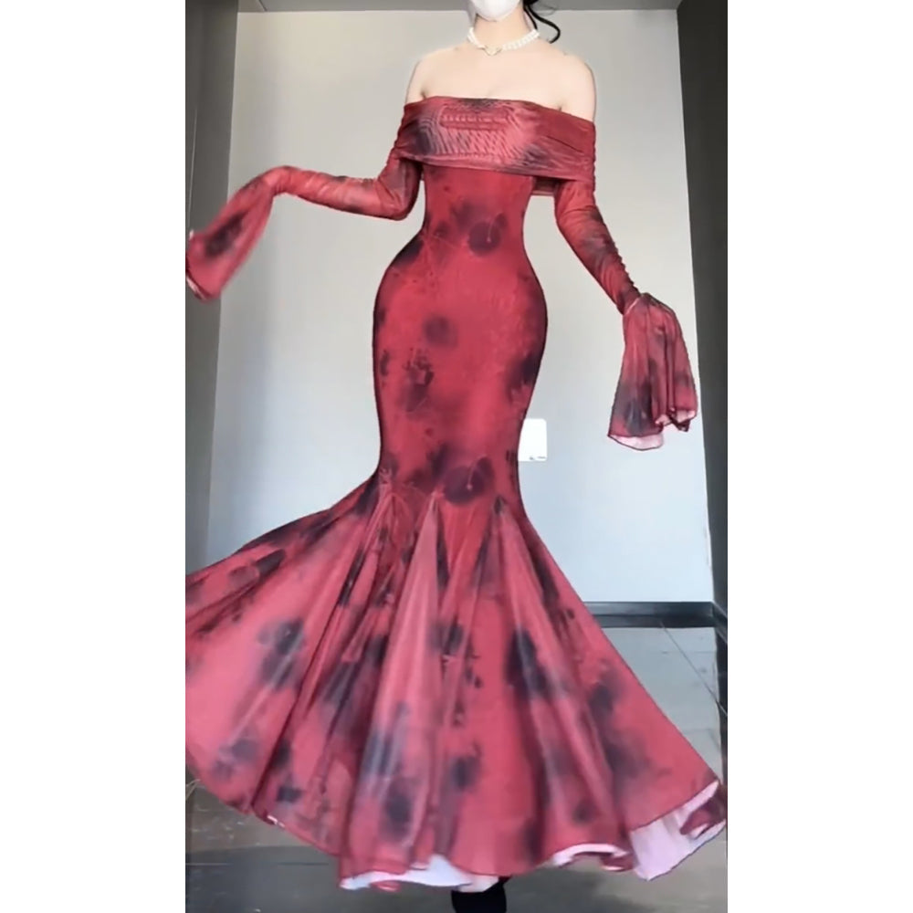 Retro Mermaid Off The Shoulder Floral Red Long Sleeves Prom Dress Birthday Outfits