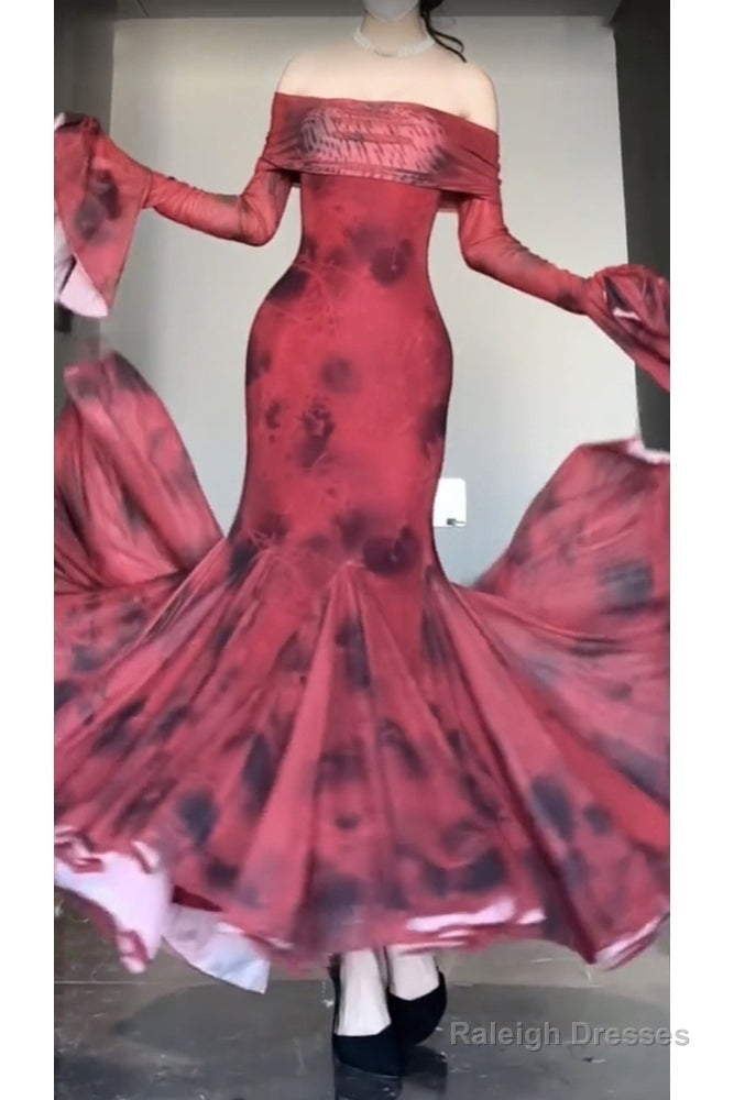 Retro Mermaid Off The Shoulder Floral Red Long Sleeves Party Dresses Birthday Outfits