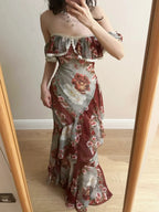 Retro Mermaid Print Ruffled Chiffon Long Formal Prom Dress