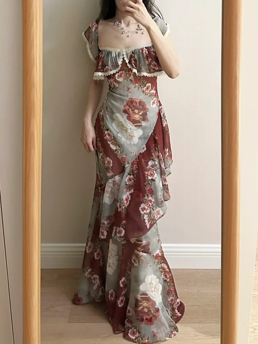 Retro Mermaid Print Ruffled Chiffon Long Formal Prom Dress Main image