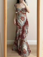 Retro Mermaid Print Ruffled Chiffon Long Formal Prom Dress