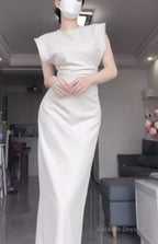 Retro Mermaid Satin White Prom Dress Birthday Outfits With Ruffle