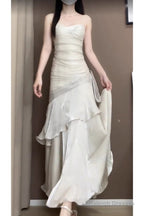 Retro Mermaid Spaghetti Straps Ankle Length Prom Dresses Birthday Outfits With Ruffles