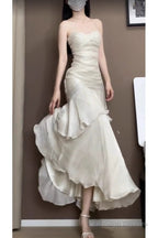 Retro Mermaid Spaghetti Straps Ankle Length Prom Dress Birthday Outfits With Ruffles