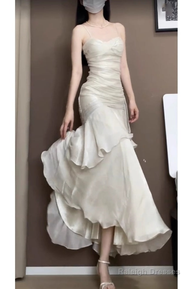 Retro Mermaid Spaghetti Straps Ankle Length Prom Dress Birthday Outfits With Ruffles