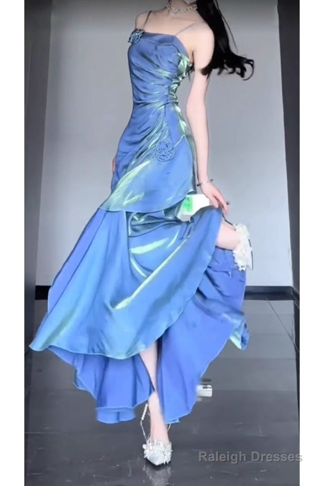 Retro Mermaid Spaghetti Straps Blue Ankle Length Prom Dresses Birthday Outfits With Flower Secondary image