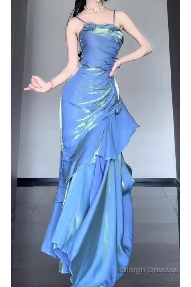 Retro Mermaid Spaghetti Straps Blue Ankle Length Prom Dress Birthday Outfits With Flower