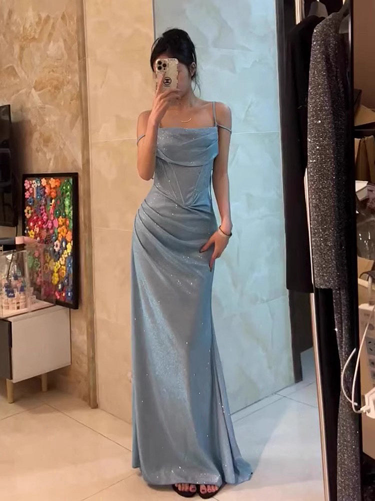 Retro Mermaid Spaghetti Straps Blue Sequin Prom Dress Birthday Outfits With Ruffle Secondary image