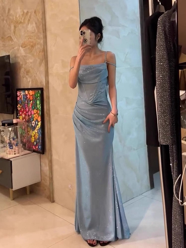 Retro Mermaid Spaghetti Straps Blue Sequin Prom Dress Birthday Outfits With Ruffle