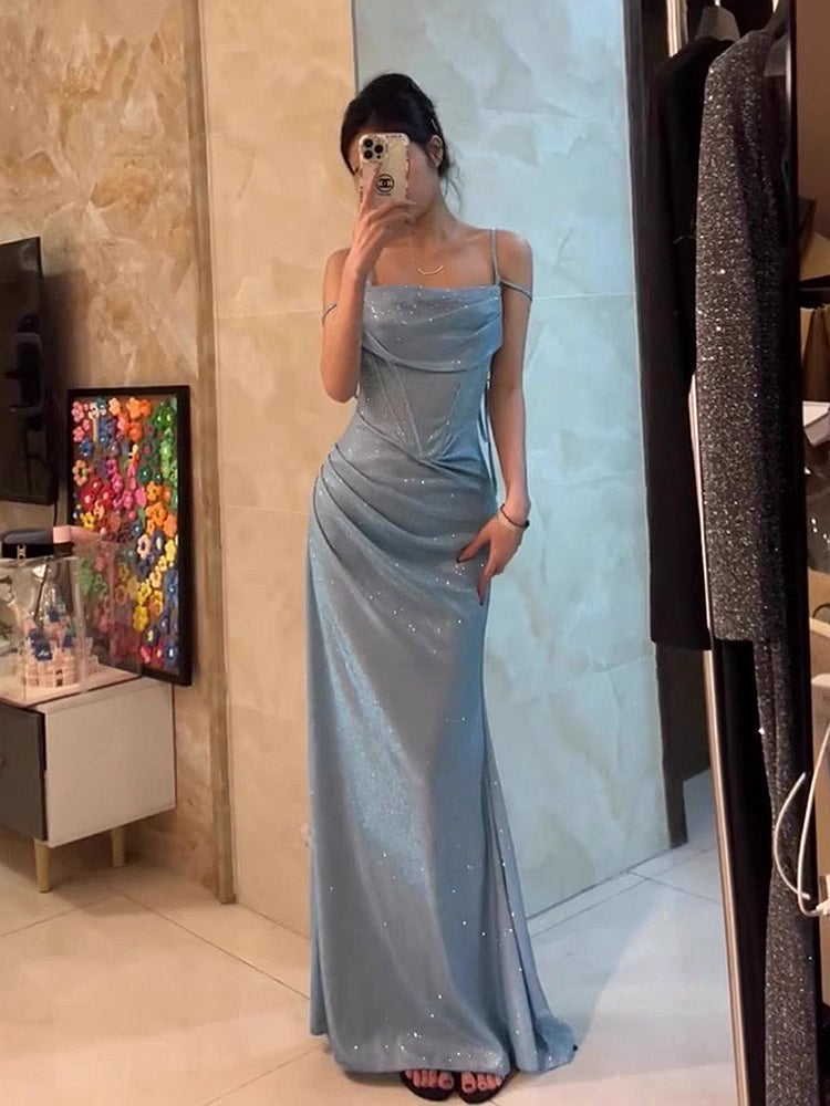 Retro Mermaid Spaghetti Straps Blue Sequin Prom Dress Birthday Outfits With Ruffle
