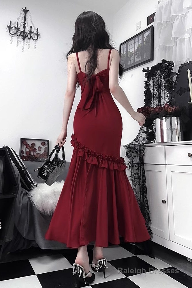 Retro Mermaid Spaghetti Straps Burgundy Ankle Length Prom Dresses Birthday Outfits Secondary image