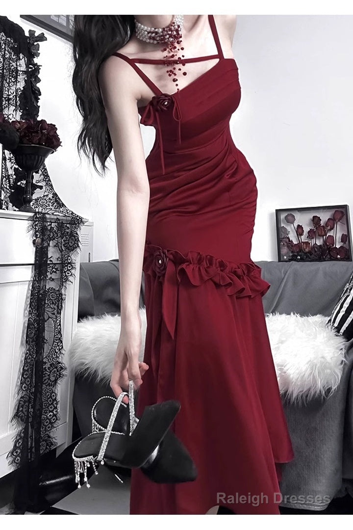Retro Mermaid Spaghetti Straps Burgundy Ankle Length Prom Dress Birthday Outfits