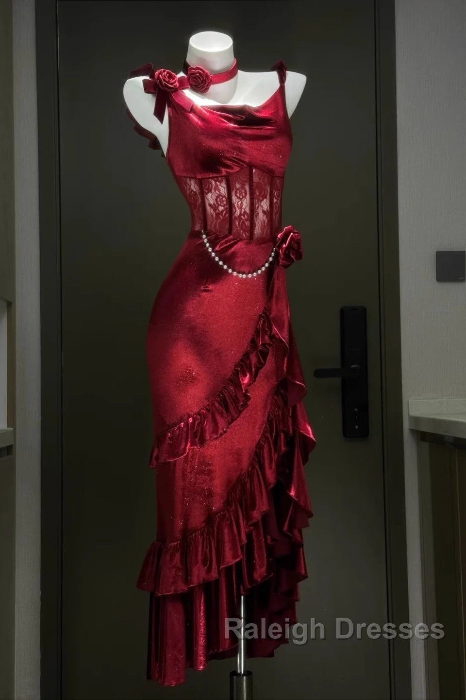 Retro Mermaid Spaghetti Straps Burgundy Lace Prom Dresses Birthday Outfits