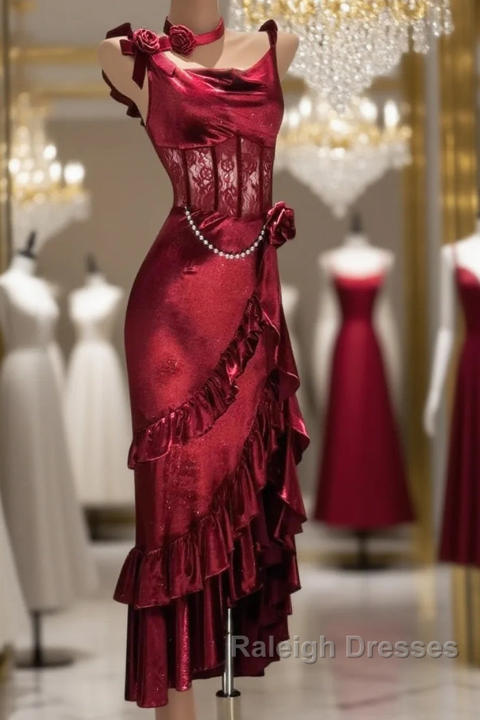 Retro Mermaid Spaghetti Straps Burgundy Lace Prom Dress Birthday Outfits