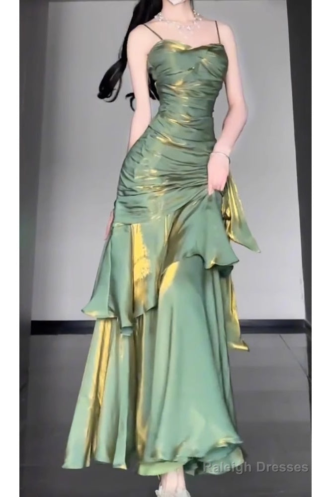 Retro Mermaid Spaghetti Straps Green Prom Dress Birthday Outfits With Flower Secondary image