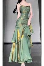 Retro Mermaid Spaghetti Straps Green Prom Dress Birthday Outfits With Flower