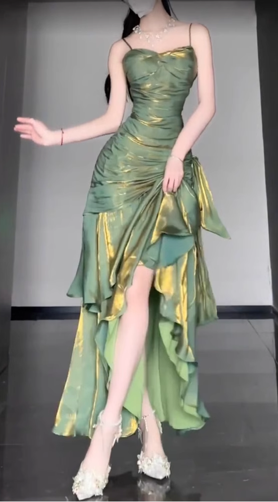 Retro Mermaid Spaghetti Straps Green Prom Dress Birthday Outfits With Flower