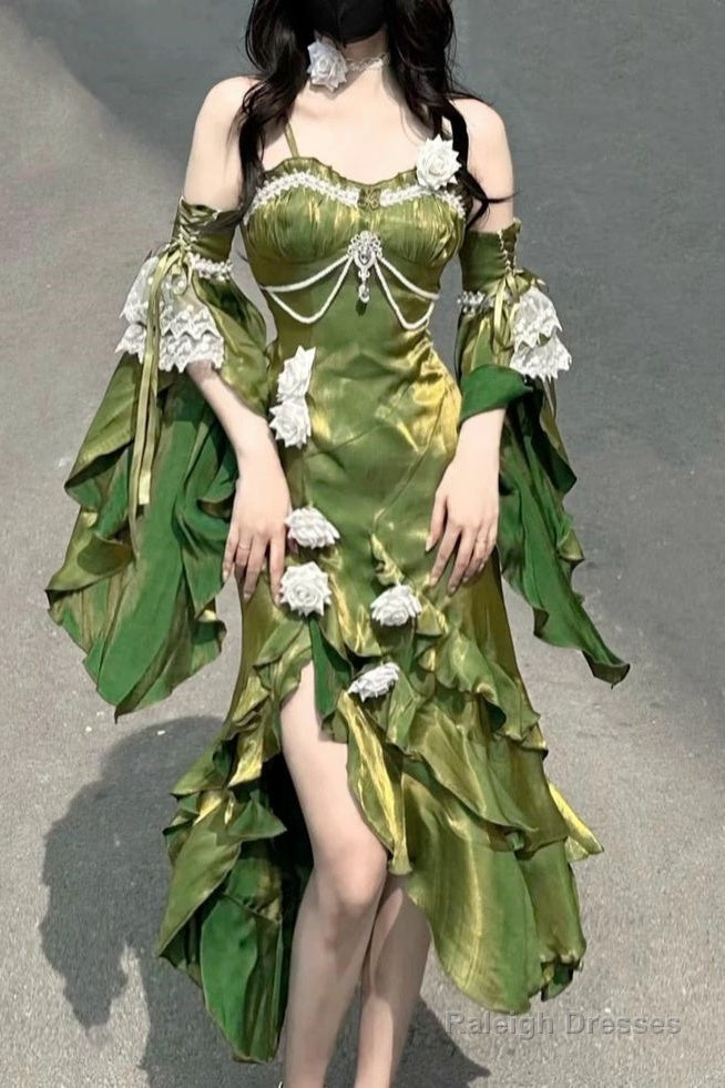 Retro Mermaid Spaghetti Straps High Low Long Party Dress Green Prom Dresses Main image