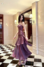 Retro Mermaid Spaghetti Straps Long Length Grape Prom Dresses