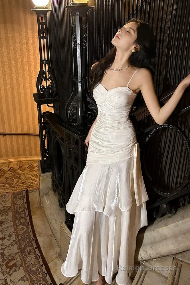 Retro Mermaid Spaghetti Straps Long Length White Evening Dress Prom Dresses