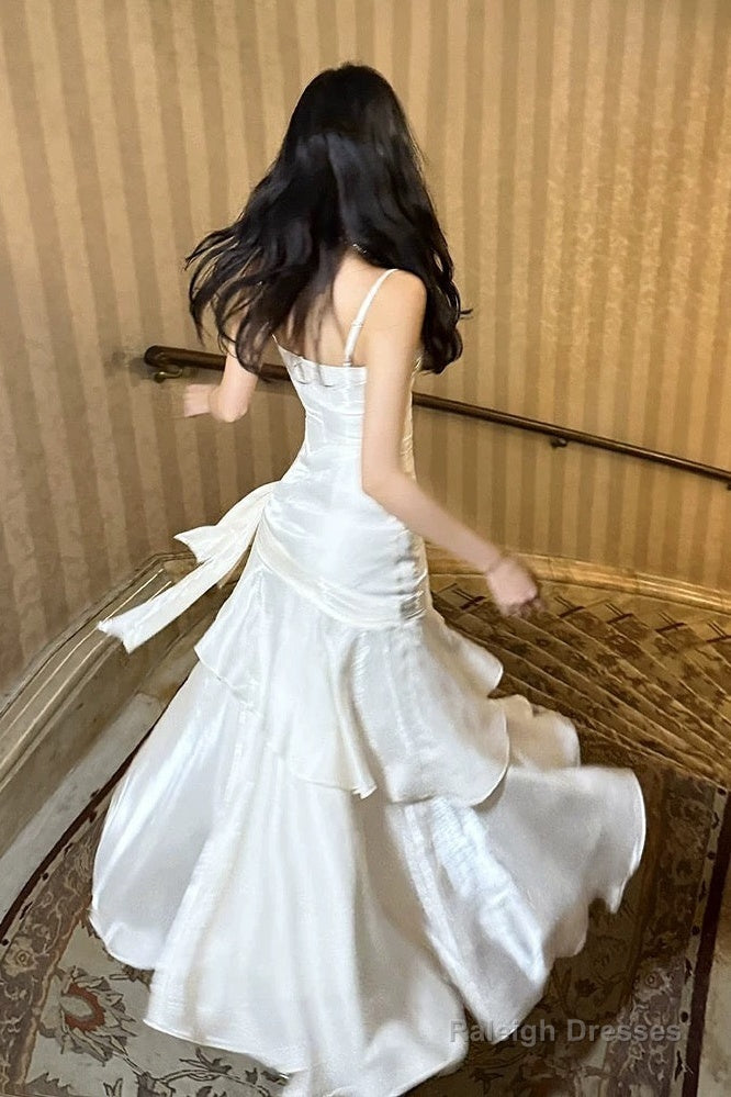 Retro Mermaid Spaghetti Straps Long Length White Evening Dress Prom Dresses Main image