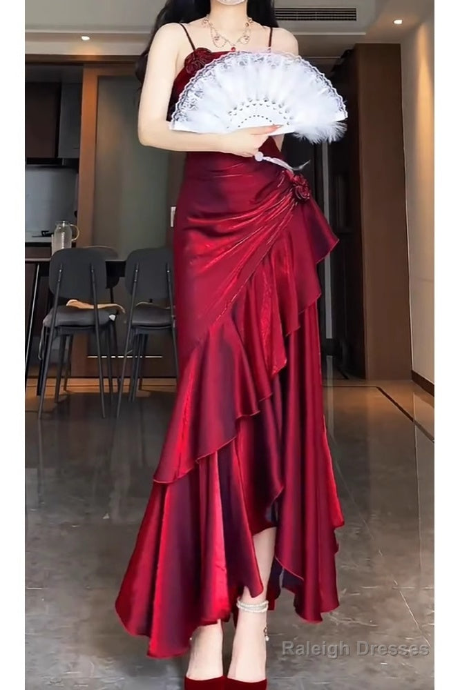 Retro Mermaid Spaghetti Straps Red Ankle Length Prom Dresses Birthday Outfits