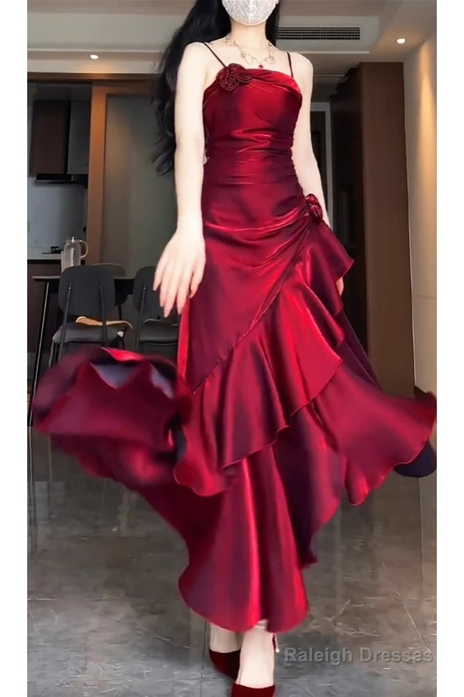 Retro Mermaid Spaghetti Straps Red Ankle Length Prom Dress Birthday Outfits