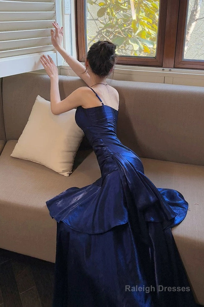 Retro Mermaid Spaghetti Straps Royal Blue Long Length Prom Dresses