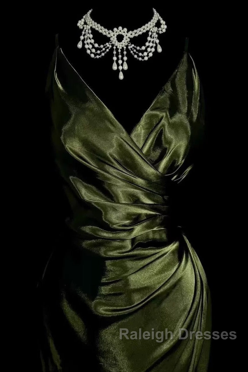 Retro Mermaid Spaghetti Straps Satin Green Long Prom Dresses