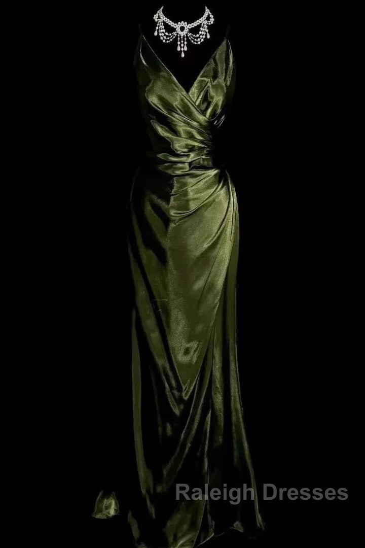 Retro Mermaid Spaghetti Straps Satin Green Long Prom Dresses