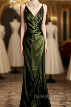 Retro Mermaid Spaghetti Straps Satin Green Long Evening Dress Prom Dresses